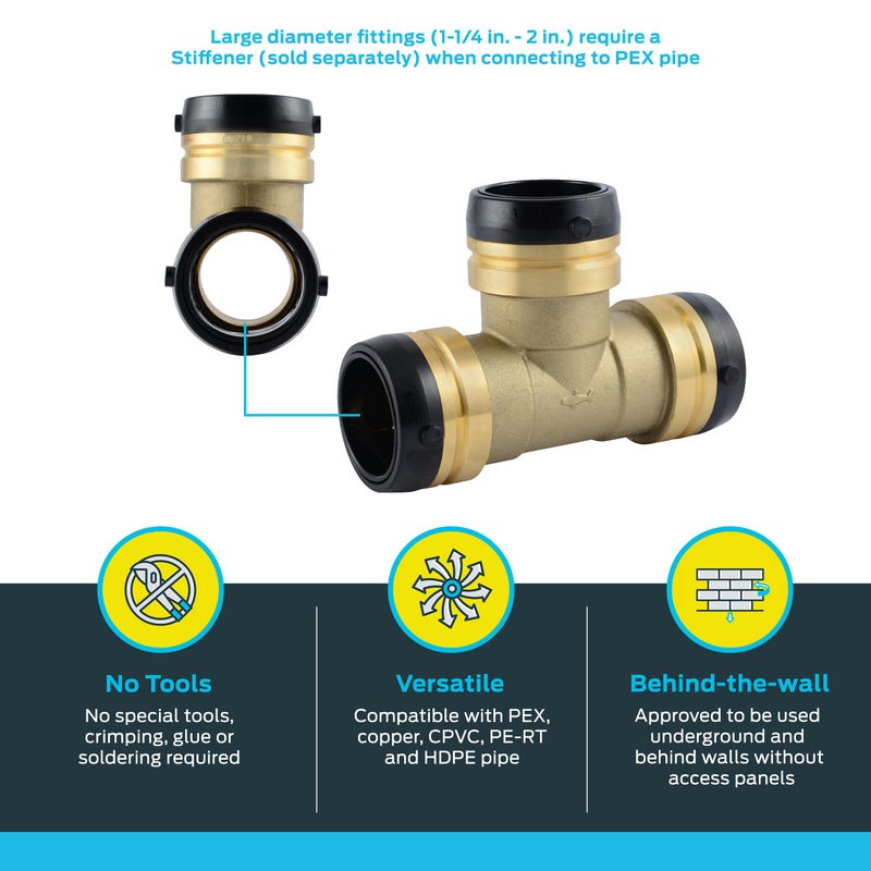 SharkBite 1-1/4 Inch Tee, Push to Connect Brass Plumbing Fitting, PEX Pipe, Copper, CPVC, PE-RT, HDPE, UXL0835 - Image 3